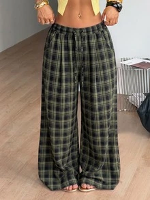 Coolane 女款秋季保暖休閒時尚優雅綠色海軍藍格紋彈性抽繩腰寬鬆寬腿長款居家長褲 - 綠色 - 查看 6