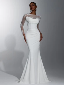 Elitara Elegant Romantic Sheer Long Sleeve 3D Floral Applique Ruched Waist Slimming Floor-Length Mermaid Skirt, Suitable For All Wedding Events, Bridal Wedding Dress - White - View 7