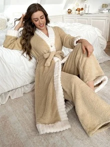 Dream Adore Cute Women's Autumn/Winter Thick Double-Sided Fleece Colorblock Trim Open Front Robe And Pants Set - Multicolor - View 1