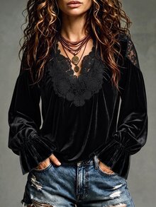 Breezaya French Vintage Black Velvet & Lace Patchwork Blouse, Deep V-Neck Ruffle Collar, Lantern Ruffle Long Sleeve, Sexy Slimming Elegant Commuter Top For Daily Wear, Thanksgiving, Christmas - Black - View 1