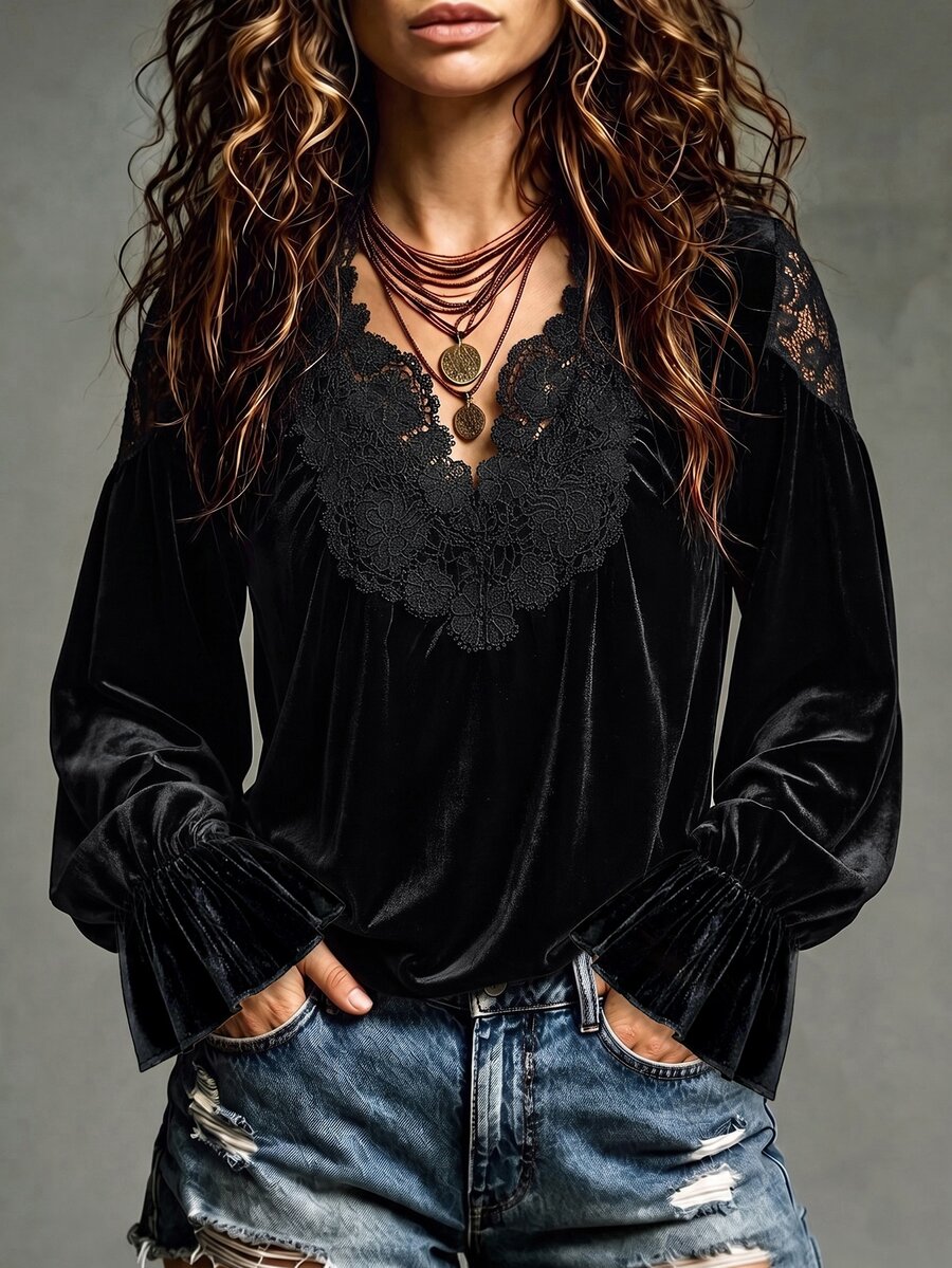 Breezaya French Vintage Black Velvet & Lace Patchwork Blouse, Deep V-Neck Ruffle Collar, Lantern Ruffle Long Sleeve, Sexy Slimming Elegant Commuter Top For Daily Wear, Thanksgiving, Christmas - Black - View 1