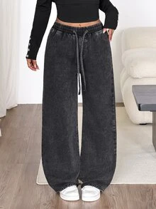 SHEIN PETITE 女款秋冬抽繩鬆緊腰睡褲牛仔褲，都市文藝復興街頭風，休閒時尚創意個性街頭穿搭 - 黑色 - 查看 3
