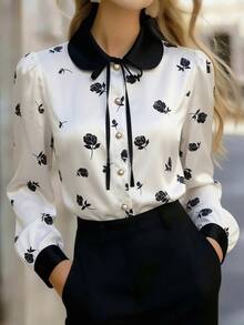RosyDaze Satin Floral Print Contrast Collar Tie Neck Shirt - Multicolor - View 4