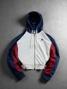 Daypath American Vintage Colorblock Double Zipper Hooded Sweatshirt, Multi-Color Patchwork Loose Casual Sweatshirt - Beige - View 8