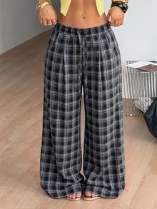 Coolane 女款秋季保暖街頭風休閒時尚黑色灰色格紋抽繩腰寬鬆大廓形寬腿鬆垮長褲 - 灰色 - 查看 6