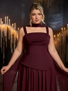 Glamrae Plus Size Glamorous Elastic Knit & Chiffon Patchwork Ruched Full Skirt Sexy Slit Bridal Gown, Flowy Ruched Fabric Wedding Bridesmaid Evening Dress With Shawl - Burgundy - View 2