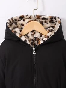 SHEIN 女童休閒時尚梭織布連帽長版收腰外套，對比色豹紋印花刷毛內裡，寬鬆舒適，適合秋冬日常通勤、戶外玩耍、出遊、聚會與拍照 - 黑色 - 查看 3