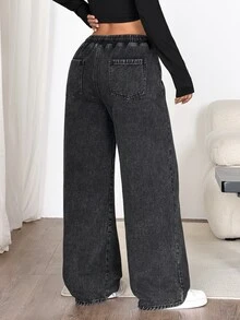SHEIN PETITE 女款秋冬抽繩鬆緊腰睡褲牛仔褲，都市文藝復興街頭風，休閒時尚創意個性街頭穿搭 - 黑色 - 查看 2