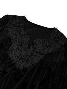Breezaya French Vintage Black Velvet & Lace Patchwork Blouse, Deep V-Neck Ruffle Collar, Lantern Ruffle Long Sleeve, Sexy Slimming Elegant Commuter Top For Daily Wear, Thanksgiving, Christmas - Black - View 4