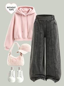 SHEIN 女款高腰寬腿牛仔褲，四季休閒度假風，淺藍色水洗牛仔色，彈性腰頭＋對比縫線設計，寬鬆寬腿版型，輕盈柔軟舒適的高級棉牛仔面料，百搭日常穿搭，可搭配T恤與短版上衣，適合夏季度假、日常出遊、通勤與聚會 - 灰色 - 查看 6