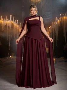 Glamrae Plus Size Glamorous Elastic Knit & Chiffon Patchwork Ruched Full Skirt Sexy Slit Bridal Gown, Flowy Ruched Fabric Wedding Bridesmaid Evening Dress With Shawl - Burgundy - View 1