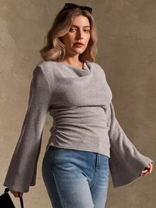 Elegantrix Plus Size Women's Autumn/Winter Cowl Neck Flared Sleeve Cinched Waist Ruched Floral Chiffon Ribbed Knit Fabric French Casual Top Fall - Apricot - View 3
