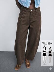 SHEIN Tall Women's Solid Color Pocket Button Loose Casual Denim Jeans - Brown - View 8