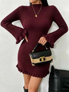NOVVYNE Autumn/Winter Elegant Minimalist Patchwork Slim Fit Mid-Length Sweater Dress - Burgundy - View 9