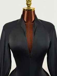 Mistrie Women's Long Sleeve V-Neck Waist-Cinching Top And Knot Bottom Two Pieces Set - Black - View 10