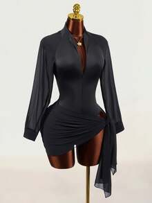 Mistrie Women's Long Sleeve V-Neck Waist-Cinching Top And Knot Bottom Two Pieces Set - Black - View 1