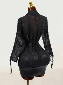 Mistrie Women's Shiny Transparent Black Chiffon Long Sleeve Blazer - Black - View 2