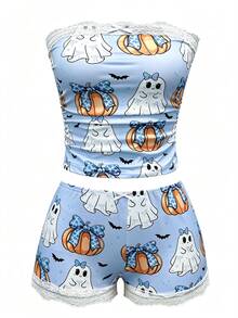 Zyxie Women's Fitted 2 Pieces Set With Lace Patchwork, Bow Decor, Halloween Pumpkin Ghost And Little Bat Print - Blue - View 4