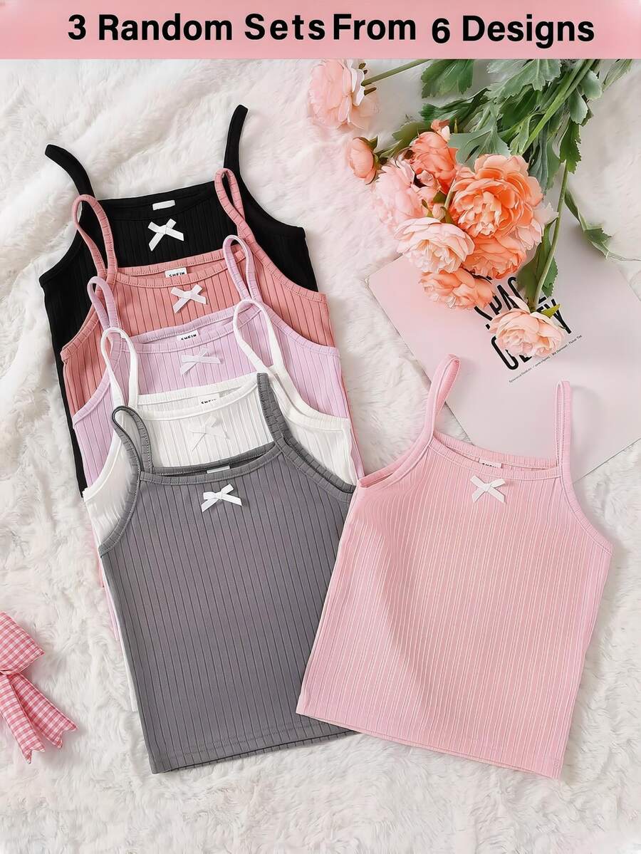 Young Girl Casual Simple Camisole Tank Top 6 Designs Randomly Sent 3 Pieces - Multicolor - View 1
