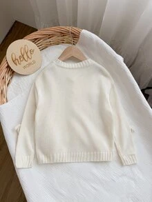 SHEIN 女童小女孩休閒日常時尚秋冬蝴蝶結針織上衣，長袖開襟衫返校毛衣 - 米色 - 查看 2
