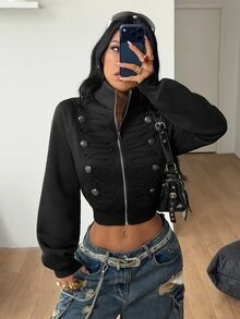 Coolane Women's Fall/Winter Street Avant-Garde Retro Equestrian Style Punk Napoleon Element Button Decor Zipper Long Sleeve Fitted Black Sweatshirt - Black - View 4