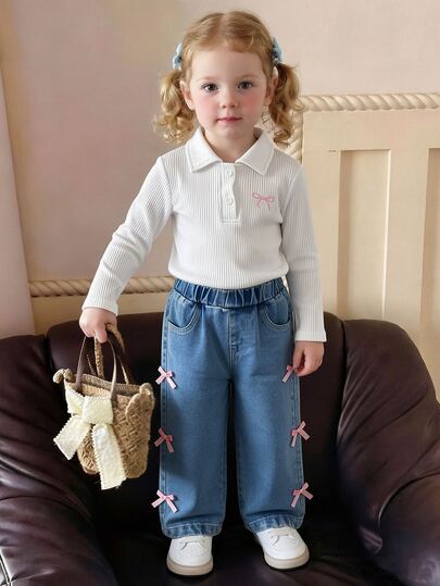 SHEIN Girls' Autumn Cotton Washed Versatile Fashion Casual Comfortable Cute Sweet Bow Decor Wide Leg Loose Design Ribbed Long Sleeve Top And Blue Washed Loose Fit Denim Pants Set Back To School
