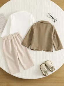SHEIN 3件組男孩休閒校園風領結領長袖鈕扣襯衫、長袖背心、長褲套裝，適合生日派對、洗禮、晚宴、表演、婚禮、聖誕派對等場合 - 彩色 - 查看 4