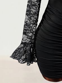 Mistrie Women's Sexy Lace Sheer Ruched Dress - Black - View 3