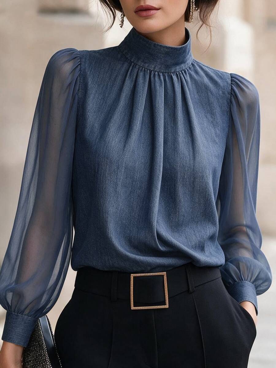 SHEIN بلوزة نسائية جديدة للربيع بياقة واقفة وحافة مطوية، فضفاضة وكاجوال للاستخدام اليومي بأسلوب جامعي - الأزرق - مشاهدة 1