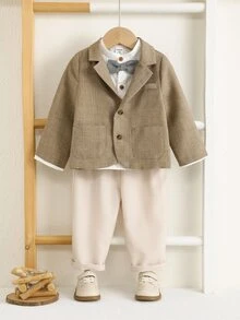 SHEIN 3件組男孩休閒校園風領結領長袖鈕扣襯衫、長袖背心、長褲套裝，適合生日派對、洗禮、晚宴、表演、婚禮、聖誕派對等場合 - 彩色 - 查看 5