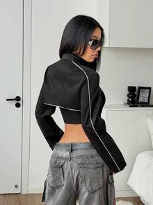 StreetHx Women's Autumn/Winter Black Ultra Short Jacket, Motorcycle Jacket With Reflective Stripes, Y2K Street Fashion, Dark Cool Style - Black - View 2