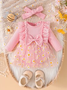 SHEIN Playful Pals 新生女嬰黃色直條紋蝴蝶結拼接雛菊網紗洋裝＆髮帶兩件套 - 粉色 - 查看 3