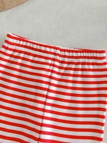 SHEIN 女嬰兒童聖誕老人圖案圓領衛衣與條紋長褲2件套，適合室內、戶外、天鵝絨、聖誕節、假期、派對、拍照 - 彩色 - 查看 6