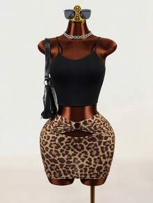 Mistrie Women's Sexy Leopard Print Hollow Out Tie Skirt - Coffee Brown - View 6
