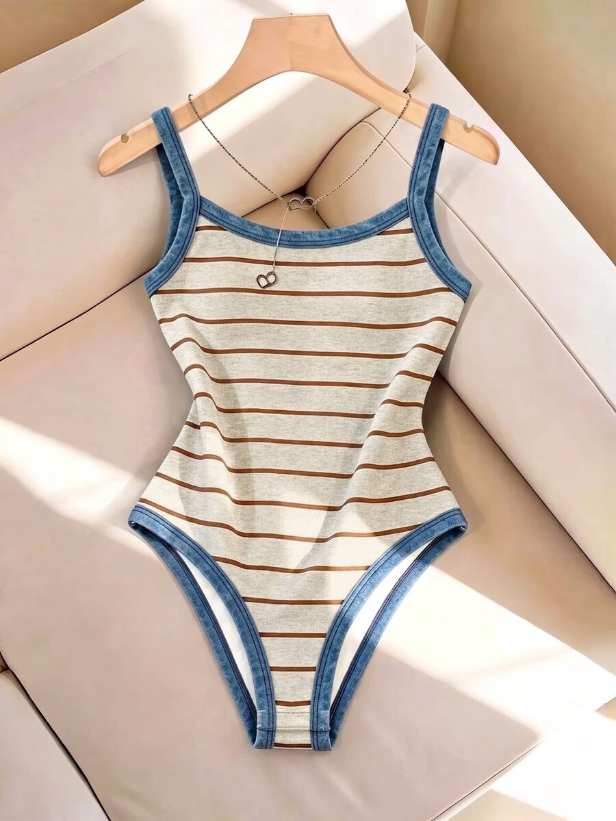 SHEIN LUNE 女款條紋拼色拼接時尚休閒連身衣 - 棕色 - 查看 1