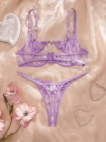 SHEIN 2件組女款性感愛心刺繡網紗鋼圈內衣套裝，甜美活力風 - 紫色 - 查看 2