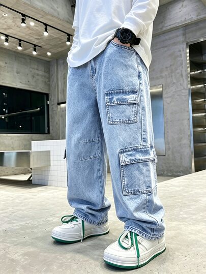 SHEIN Tween Boys' Denim Long Pants, Summer, Soft, Cotton, Casual, Fashionable, Versatile, Comfortable, Minimalist, Full Elastic Waistband, Cargo Multi-Pocket Design, Loose Straight Leg Fit, Black Gray Washed Denim Long Pants, Suitable For Daily Wear And Vacation
