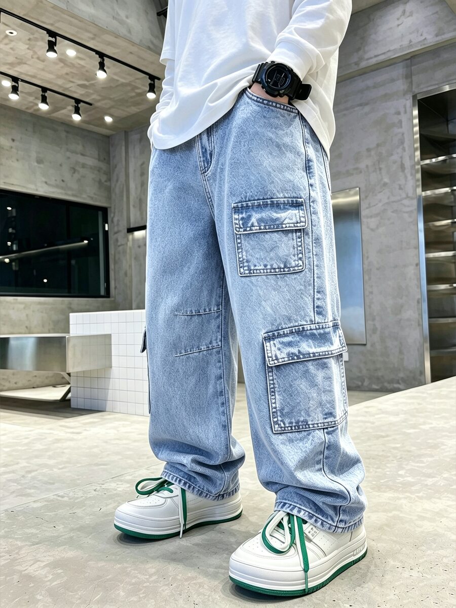 SHEIN 青少年男孩牛仔長褲,夏季,柔軟,棉質,休閒,時尚,百搭,舒適,極簡,全彈性腰帶,工裝多口袋設計,寬鬆直筒褲腿,黑灰色水洗牛仔長褲,適合日常穿著與度假 - 淺色水洗藍 - 查看 1