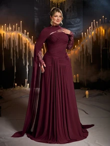 Glamrae Plus Size Elegant Romantic Angora Red Mesh Strapless Ruched Flounce Scarf Decor Fitted Bodycon Long Evening Dress For Women, Wedding, Formal Events, All Formal Occasions, Dinner Party - Red - View 6