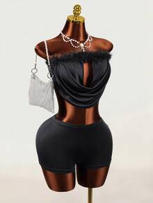 Mistrie Women's Black Frayed Hem Tube Top And Shorts Set - Black - View 7