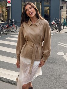 Avenya Minimalist Side-Split Design Lapel Suede Belted Mid-Length Jacket - Khaki - View 6
