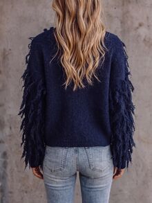 LUMIGAL Women's Round Neck Blue Long Sleeve Tassel Design Fashion Sweater Everyday Date Fall Casual - Navy Blue - View 2