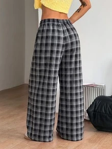 Coolane 女款秋季保暖街頭風休閒時尚黑色灰色格紋抽繩腰寬鬆大廓形寬腿鬆垮長褲 - 灰色 - 查看 9