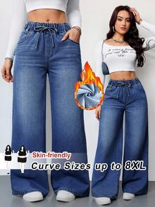 SHEIN CURVE+ 大尺碼女款休閒寬鬆鬆垮抽繩腰口袋設計牛仔褲 冬季時尚基礎哥特風 萬聖節聖誕節慶典 CURVE+ FIT+ - 藍色 - 查看 2