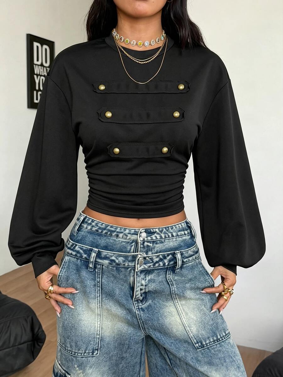 Coolane 女款秋冬街頭風復古Y2K龐克時尚休閒拿破崙軍裝飾黑色收腰修身圓領運動衫上衣 - 黑色 - 查看 1