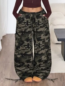 SHEIN PETITE Women's Pocket Button Camouflage Pattern Drawstring Jeans - Army Green - View 1