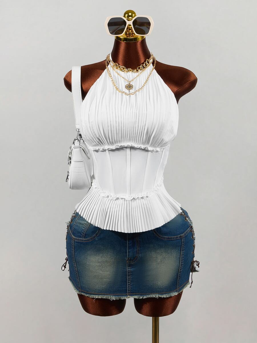 Mistrie Women's Fashion Spaghetti Strap Camisole With Boning And Ruched Detail - White - View 1
