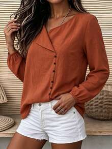 Linhara CURVE Plus Size Woven Casual Autumn Shirt - Orange - View 5