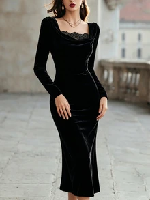 RosyDaze Women's Solid Color Square Neck Lace Patchwork Waist-Cinching Slimming Elegant Long Sleeve Dress - Black - View 4