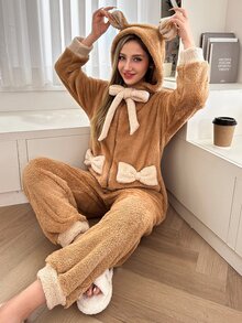 Dream Adore Cute Women's Autumn/Winter Plush Colorblock Bow Animal Design Hooded One-Piece Pajamas - Multicolor - View 6